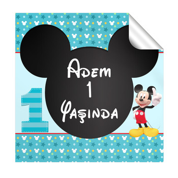 Bir Yaş Mickey Mouse Temalı Kare Parti Etiket