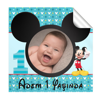 Bir Yaş Mickey Mouse Temalı Resimli Kare Parti Etiket