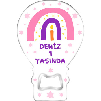 Bir Yaş Mumlu Pembe Gökkuşağı Temalı Balon Ahşap Magnet 