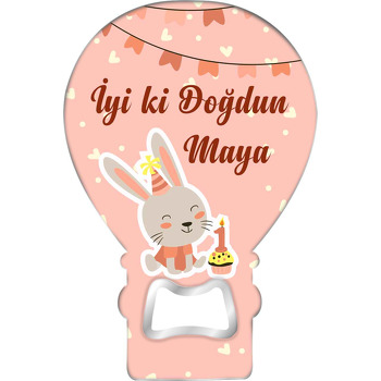 Bir Yaş Pastası ile Tavşan Temalı Balon Ahşap Magnet 