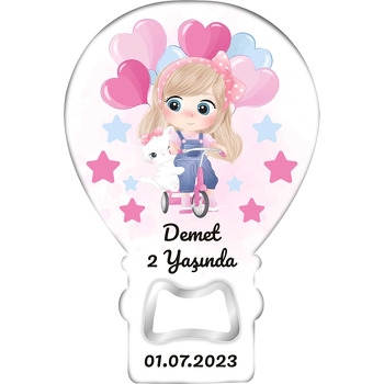 Bisikletli Kız Çocuğu ile Tavşanı Temalı Balon Ahşap Magnet 