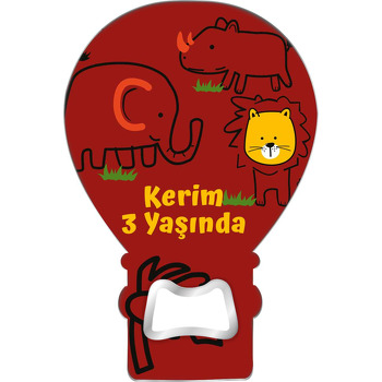 Bordo Fonda Çizgisel Safari Hayvanları Temalı Balon Ahşap Magnet 