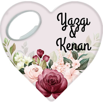 Bordo ile Krem Güller  Temalı Kalp Şekilli Magnet Açacak