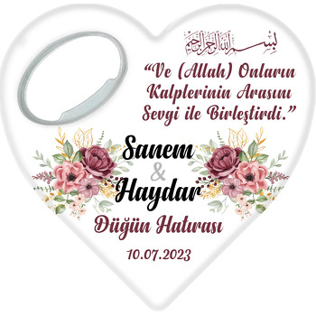 Bordo Pembe Güller ile Besmele Temalı Kalp Şekilli Magnet Açacak