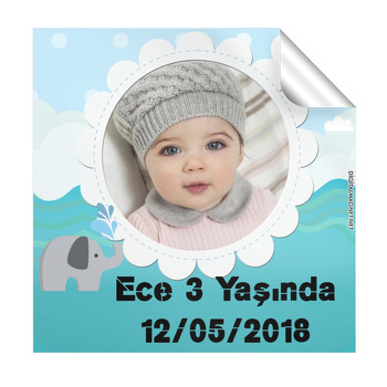 Bulut ve Fil  Temalı Doğum Günü Kare Etiket