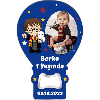 Büyücü ile Baykuşu Lacivert Fonda Temalı Balon Ahşap Magnet 