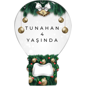 Çam Yaprakları ile Gold Yeni Yıl Süsleri Temalı Balon Ahşap Magnet 