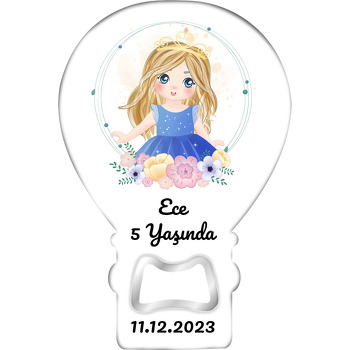 Çiçek Çerçeve ile Mavi Prenses Kız Temalı Balon Ahşap Magnet 