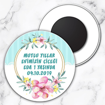 Çiçek Çerçeve Temalı Daire Plastik Magnet