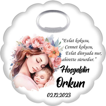 Çiçek Taçlı Anne ile Bebeği Temalı Çiçek Şekilli Magnet Açacak