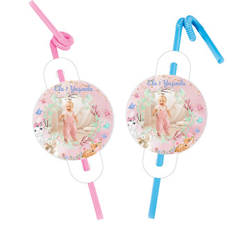 Çiçek Taçlı Sevimli Hayvanlar Temalı Pipet ve Kartı