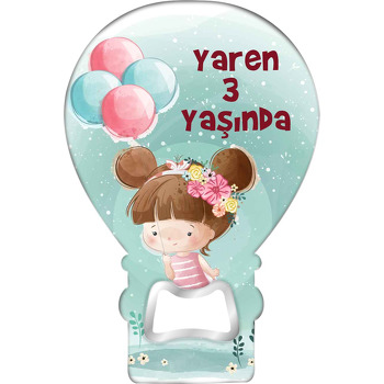 Çiçek Topuzlu Sevimli Kız Temalı Balon Ahşap Magnet 