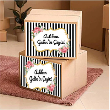 Çiçekli Gold Çerçeve ile Siyah Beyaz Çizgili Fon Temalı Sticker
