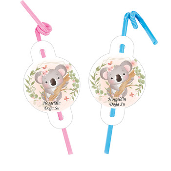 Çiçekli Koala Temalı Pipet ve Kartı