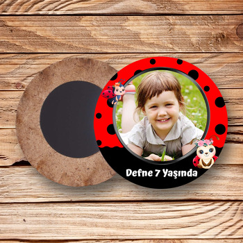 Çiçekli Uğur Böceği Temalı Resimli Ahşap Daire Magnet