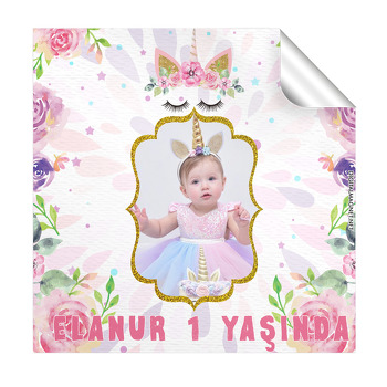 Çiçekli Unicorn Temalı Doğum Günü  Kare Etiket
