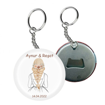 Çiçekli Uzun Sarı Saçlı Çizgisel Gelin Temalı Arkası Açacak Anahtarlık