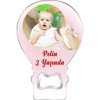 Çiçekli Yavru Tavşan Temalı Balon Ahşap Magnet 