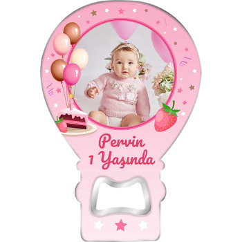 Çilekli Dilim Pasta ile Konfetiler Temalı Balon Ahşap Magnet 
