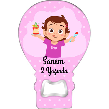 Çilekli Pastalı Kız Çocuğu ile Puantiye Fon Temalı Balon Ahşap Magnet 