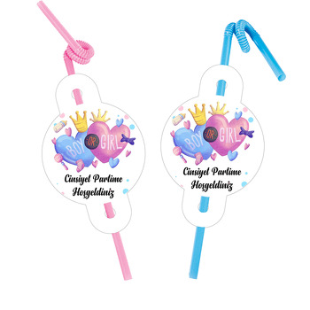 Cinsiyet Partisi Kalp ile Taçlar Temalı Pipet ve Kartı