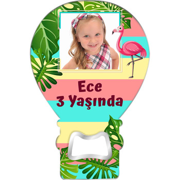 Çizgili Renkli Fonda Flamingo Temalı Balon Ahşap Magnet 