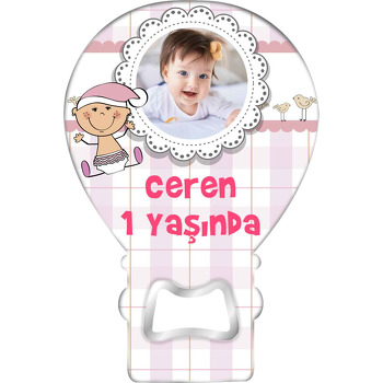 Çizgisel Bebek ile Çift Kuşlar Pembe Fonda Temalı Balon Ahşap Magnet 