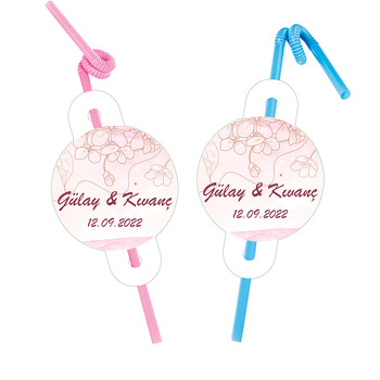 Çizgisel Papatyalar ile Pembe Fon Temalı Pipet ve Kartı