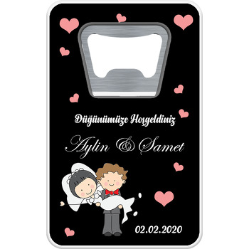 Çöp Adam Gelin ve Damat Temalı Dikdörtgen Magnet Açacak
