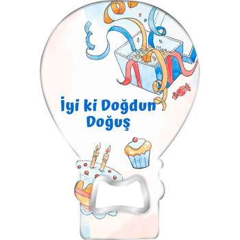Cupcake ile Açılmış Hediye Paketi Temalı Balon Ahşap Magnet 