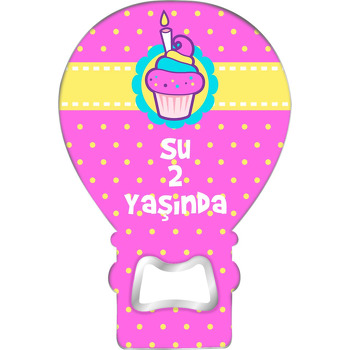 Cupcake ile Sarı Pembe Puantiye Fon Temalı Balon Ahşap Magnet 