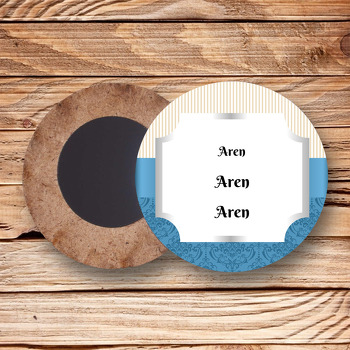 Damask Mavi ve Krem Çizgiler Temalı Ahşap Daire Magnet