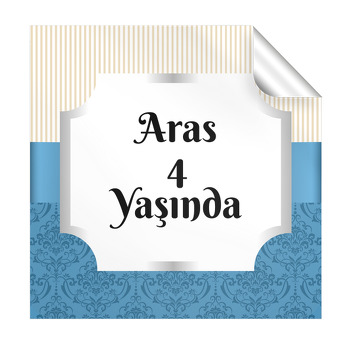 Damask Mavi ve Krem Çizgiler Temalı Kare Etiket
