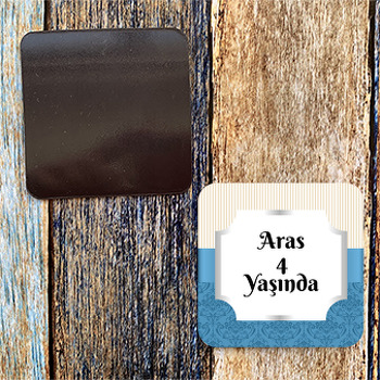 Damask Mavi ve Krem Çizgiler Temalı Kare Magnet