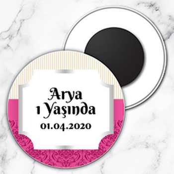 Damask Vişne ve Krem Çizgiler Temalı Daire Plastik Magnet
