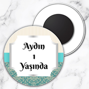 Damask Yeşil ve Krem Çizgiler Temalı Daire Plastik Magnet