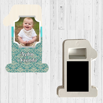 Damask Yeşil ve Krem Çizgiler Temalı Doğum Günü Magnet Açacak