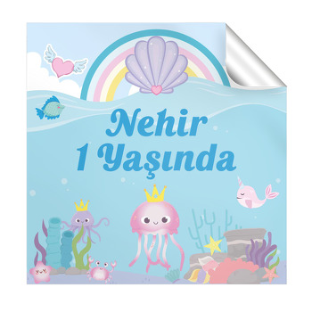 Denizaltında Ahtapot ve Gökkuşağı Temalı Kare Etiket