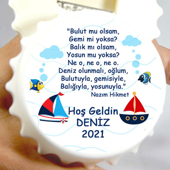 Denizde Balıklar ve Gemiler ile Beyaz Dalgalar Temalı Kapak Şekilli Magnet Açacak