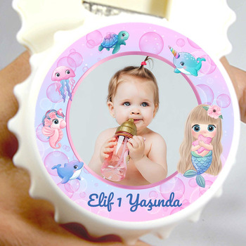 Denizkızı ile Pembe Baloncuklu Okyanus Temalı Kapak Şekilli Magnet Açacak