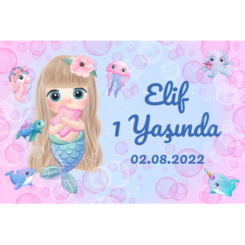 Denizkızı ile Pembe Baloncuklu Okyanus Temalı Plastik Doğum Günü Magnet