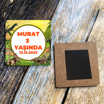 Dinozor Dünyası Temalı Kare Ahşap Magnet