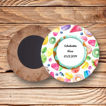 Dondurma Ve Meyveler Temalı Ahşap Daire Magnet