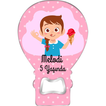 Dondurmalı Kız ile Pembe Puantiye Fon Temalı Balon Ahşap Magnet 