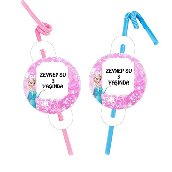 Elsa Pembe Fon Temalı Pipet ve Kartı