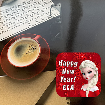 Elsa Yılbaşı Kırmızı Fon Temalı Bardak Altlığı