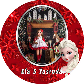 Elsa Yılbaşı Kırmızı Fon Temalı Resimli Daire Plastik Anahtarlık