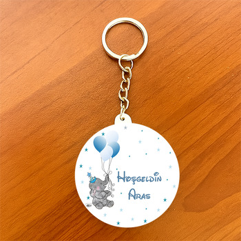 Fil ve Balonlu Hoşgeldin Bebek Temalı Daire Plastik Anahtarlık