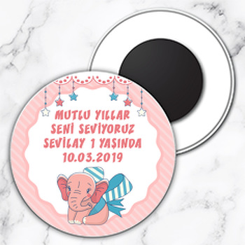 Fiyonklu Pembe Fil Temalı Daire Plastik Magnet