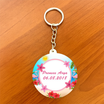 Flamingo Pembe Çiçekli Temalı Daire Plastik Anahtarlık